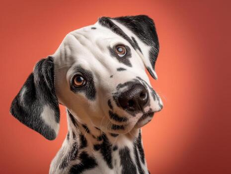 Black and white spotted dog with a curious expression tilts its head slightly to the side, against a plain background. The animal's eyes are wide and attentive, ears perked up photo