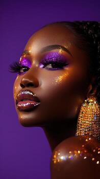 Model with vibrant makeup, glittering lips, and dramatic lashes gazes to the side. Gold earrings and shimmering skin complement the bold, artistic look in a vertical composition photo