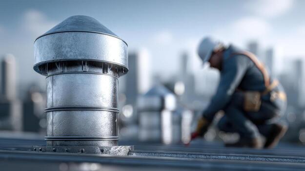 Metallic vent pipe on rooftop, in focus, with blurred background of a worker in overalls and helmet crouching, industrial cityscape silhouetted in the distance, depth of field effect photo