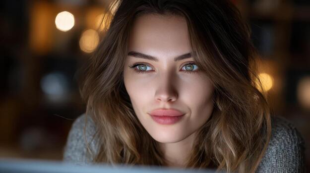 Woman with long hair gazing intently with neutral expression, illuminated by warm ambient light and soft bokeh effect in the background, wearing a casual textured top photo
