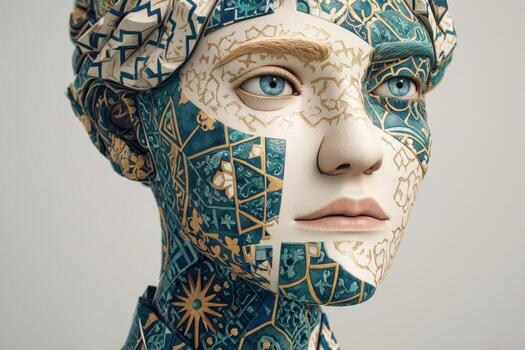 A ceramic-like human face with detailed blue and tan patterns resembling traditional tiles. The intricate design covers both face and head, creating an artistic and surreal appearance photo