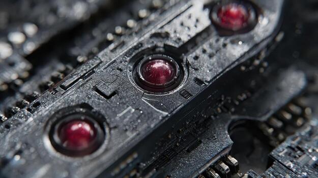 Close-up image of a detailed electronic circuit board features three small red circular elements amidst intricate components and patterns on a textured, metallic surface photo