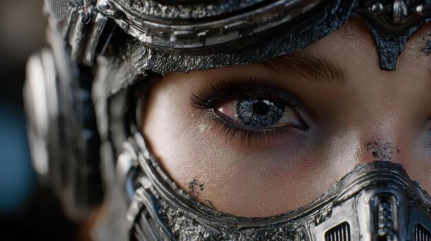 A close-up of a person wearing a detailed futuristic helmet and mask, with an intense gaze from one eye, surrounded by intricate textures and markings, displaying a sci-fi aesthetic photo