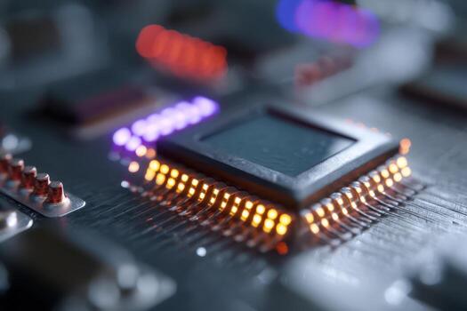 A close-up of a microchip on a circuit board, surrounded by glowing orange, purple, and blue lights. The surface is metallic with various electronic components visible in the background photo