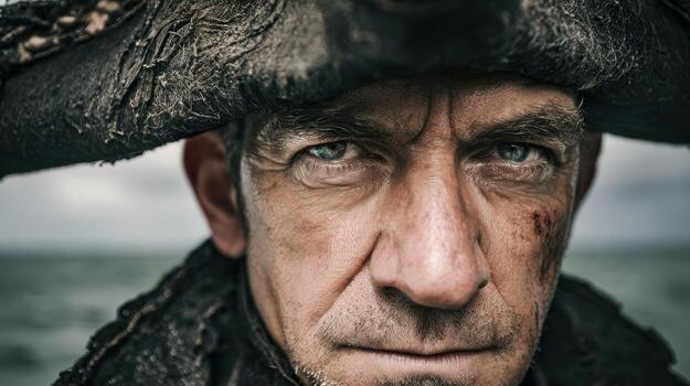 Rugged man with weathered skin and intense gaze wears distressed tricorn hat, emphasizing pirate appearance. Background is maritime setting, suggesting adventurous seafaring life photo