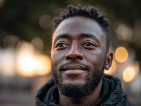 Smiling person with beard looking into distance, wearing dark jacket. Background has blurred lights creating a bokeh effect, hinting at an outdoor setting during sunset photo