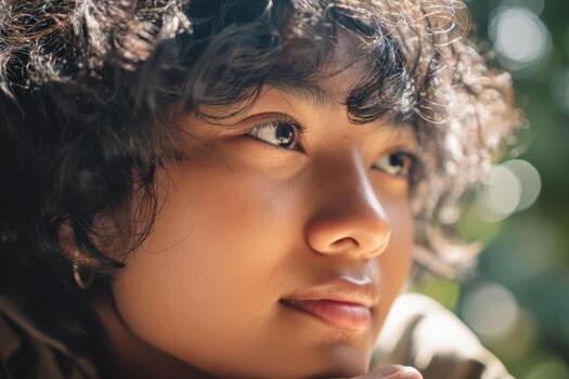 Portrait of a person with curly hair looking thoughtfully to the side, softly lit by natural sunlight with a blurred bokeh effect in the background, highlighting serene expression photo