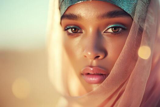 de cerca de un persona con un delicado velo, verde azulado sombra acentuando profundo ojos, lustroso labios, y suave Encendiendo destacando suave piel. ligero bokeh crea un soñador atmósfera foto