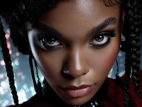 Close-up of a person with braided hair and intense gaze. The lighting accentuates their eyes, smooth skin, and makeup details, creating a dramatic, captivating effect. No text visible photo