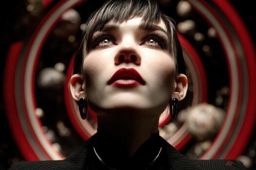 A woman with dark hair and red lips gazes upwards. Background features circular patterns and blurred spheres. Her expression is bold and mysterious, enhanced by dramatic lighting photo