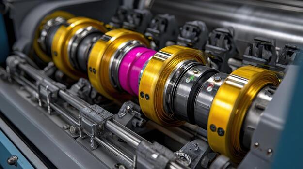 Industrial machine displaying a series of cylindrical rollers in metallic and vivid colors, notably gold and magenta, arranged in a sequence, with complex mechanical components photo