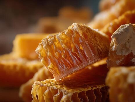 Golden honeycomb segments stacked closely, showcasing their natural hexagonal structure. The focus is on the glistening, translucent quality of the honey-filled combs, capturing rich textures photo
