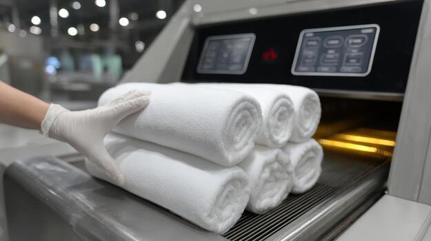 Gloved hand places neatly folded white towels into an industrial machine. Control panel with buttons and indicators visible. Soft lighting suggests a clean, organized workspace photo