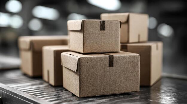 Cardboard boxes with taped flaps stacked on a conveyor belt, ready for shipping. The soft focus highlights the reflective surfaces, creating an industrial atmosphere photo