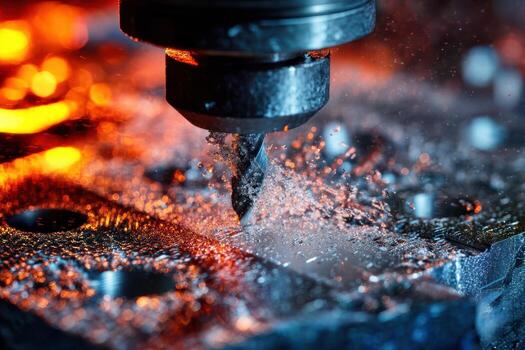 Close-up of a CNC machine drilling into a metal surface, with sparks flying. The drill bit creates dynamic motion, showcasing the intensity and precision of industrial machinery photo