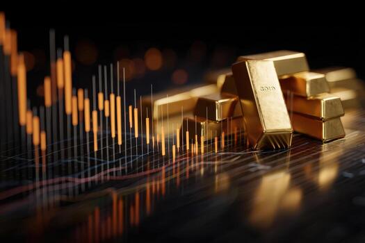Golden bars stacked on reflective surface, surrounded by glowing financial graph lines. photo