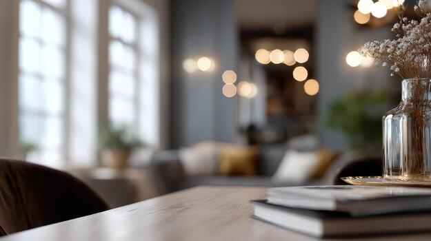 Blurred image of an elegant room with soft lighting, a wooden table with a stack of books, decorative flowers in a glass vase, and chairs. Windows with white frames illuminate the space photo