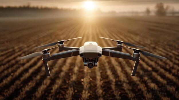 Quadcopter drone hovers over agricultural field with sunlight casting long shadows on the soil. The landscape is illuminated by a setting sun, creating a warm, golden ambiance photo