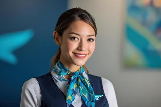 Smiling woman in professional uniform with a colorful scarf, standing against a blurred background. A blue emblem is visible on her attire, adding a touch of elegance and style photo