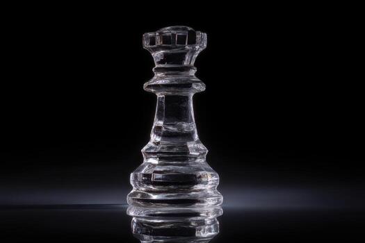 Glass chess piece, specifically a king, stands isolated against a dark backdrop. The piece is finely detailed, reflecting light on its surface and casting soft shadows photo