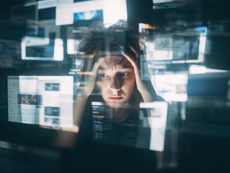 A person appears stressed, surrounded by multiple digital screens displaying various websites, with hands on their head and a focused expression. Light reflections create a chaotic ambiance photo