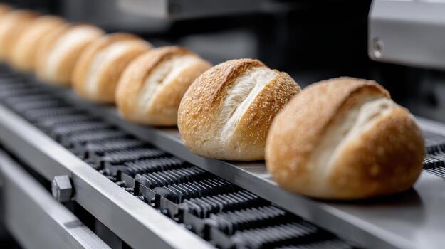 Golden brown bread rolls aligned on an industrial conveyor belt with a focus on texture and pattern. The soft light enhances the crispy crusts of the freshly baked goods photo