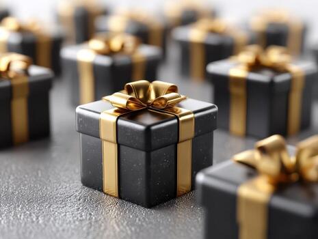 Elegant black gift boxes with shiny golden ribbons arranged in neat rows, creating a luxurious and festive atmosphere. Perfect for celebrating special occasions with sophistication photo