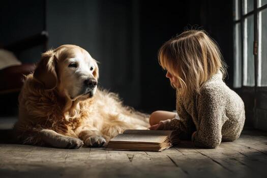 joven niño y dorado perdiguero acostado en de madera piso, cercanamente observando un abierto libro. ligero corrientes mediante un ventana, suavemente esclarecedor el escena, creando un cálido, sereno atmósfera foto