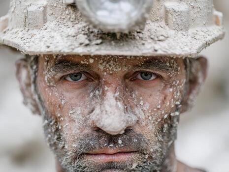 Rugged miner with dirt-covered face, intense blue eyes, wearing a dusty helmet with a headlamp, signifying hard work in challenging conditions, determined expression photo