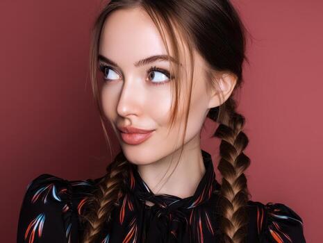 Young woman with long brown hair in two braids, wearing a dark patterned top and looking to the side. She has a soft smile, highlighting her features and capturing a confident expression photo