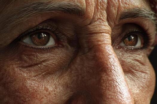 un de cerca de un más viejo de la persona enfocado ojos vitrinas multa detalles de piel textura, líneas, y arrugas ligero refleja suavemente en marrón ojos, mejorando su profundidad y intensidad foto