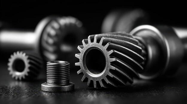 Metal gears with intricate teeth patterns in a close-up, monochrome photograph showcasing precision engineering. The focus is on the front gear with others blurred in the background photo
