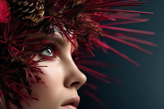 A womans face is adorned with vivid red spikes and natural elements like pine cones. Her eye makeup is bold, matching the striking headpiece, creating an artistic, fashion-forward look photo