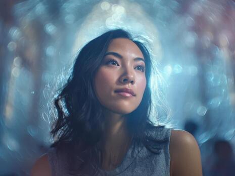 A woman with long dark hair gazes upward with a soft expression, surrounded by a dreamy bokeh effect, creating an ethereal atmosphere. Light glimmers create a halo-like effect photo