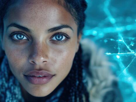 Close-up of a person with striking blue eyes and braided hair, gazing intently at the camera. The background features an abstract pattern of glowing blue lines resembling cracks photo