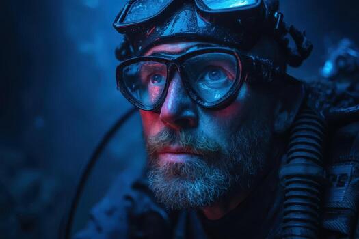 A bearded man wearing a diving mask with goggles looks determined under blue light. Close-up shot shows droplets on mask and a breathing hose, creating a calm underwater atmosphere photo