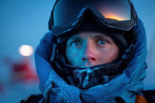 frío clima aventurero empaquetado en un azul y negro invierno atuendo, con gafas de protección y un capucha, cara iluminado por un suave ligero en contra difundido distante luces foto