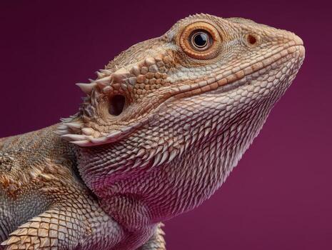 joven lagartija con texturizado escamas y alerta expresión, mirando hacia arriba. el intrincado modelo en el piel contrastes con el Rico lila fondo. atención en detallado facial caracteristicas foto