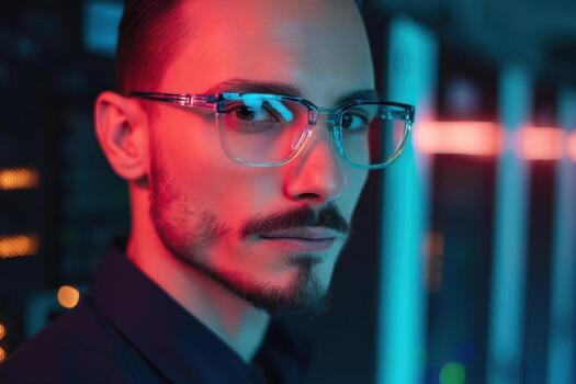 Man wearing transparent glasses, with a serious expression, stands in a dimly lit, futuristic setting with neon lighting, highlighting his face. Reflections of blue and red tones photo