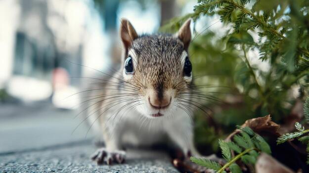 Curious squirrel with big eyes looks directly at the camera, crouching on a sidewalk. Green foliage is visible to the right, and buildings are softly blurred in the background photo