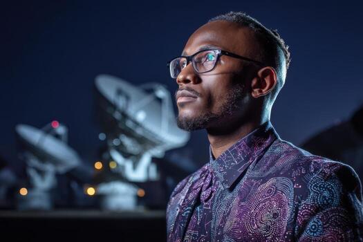 Man in patterned shirt gazes thoughtfully at night, large radio telescopes blurred in background, wearing glasses. Starry sky and silhouette of mountainous terrain behind photo