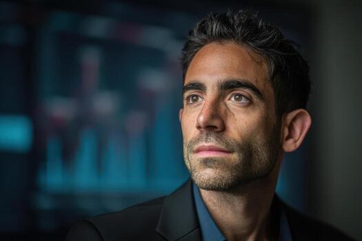 Serious man gazes intently, wearing a dark blazer and blue shirt. Soft lighting enhances facial features. In the blurred background, colorful chart graphics are visible, suggesting analysis or data photo