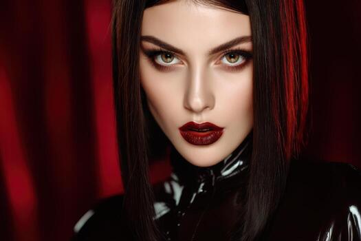 Dark-haired woman with intense gaze poses dramatically, wearing glossy outfit. Her makeup is bold, with deep red lips and subtle contouring, emphasizing striking facial features photo