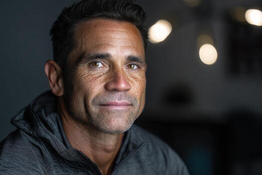 A man with short dark hair and a grey hoodie gazes softly at the camera. The background is softly blurred with circular lights creating a bokeh effect. No text present photo