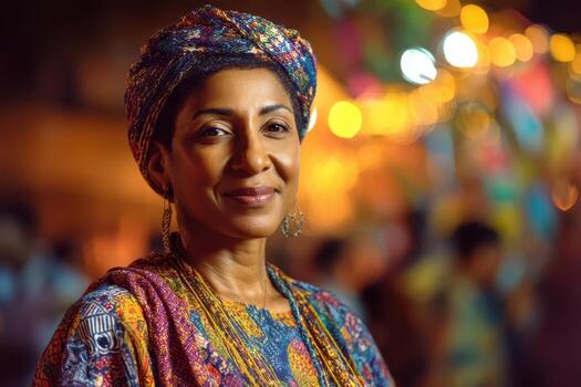 Elegant woman in colorful traditional attire with intricate patterns, wearing a matching headwrap and gold earrings, smiles warmly against blurred festive lights in the evening background photo