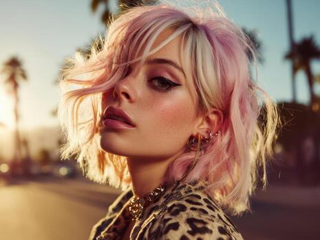 pelo rosado modelo con dramático ojo maquillaje y negrita labio color en estampado de leopardo atuendo. iluminado por el sol al aire libre escena con borroso palma arboles en fondo, creando un cálido, elegante atmósfera foto