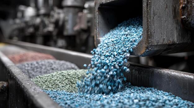Blue plastic pellets pour from a metal chute into a compartment, alongside red, green, and gray pellets. The setting appears industrial, with machines in the background photo