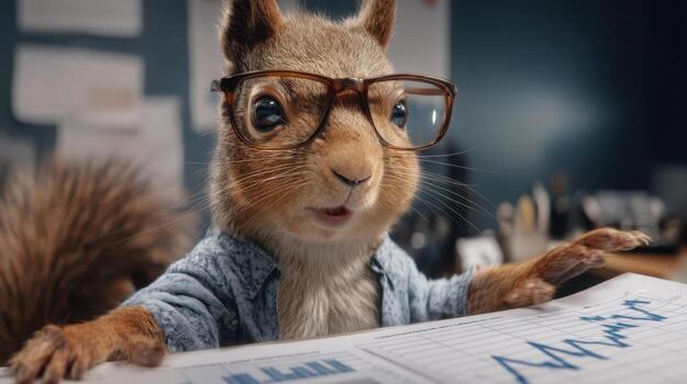 Squirrel wearing glasses and blue shirt holds chart with bar and line graphs. The scene suggests an office environment, indicated by blurred documents and objects in the background photo