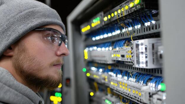 Young man with glasses and beanie inspects server rack with blue and yellow cables, bright LED lights, and intricate wiring components, focusing on network equipment, in datacenter photo