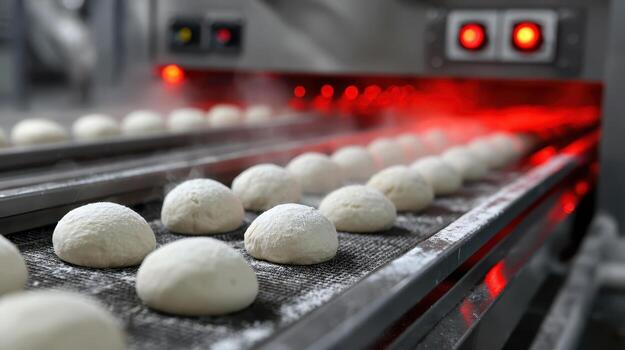 Rows of dough balls on a conveyor belt in an industrial bakery setting, illuminated by red lights, creating a futuristic ambiance. Steam rises, indicating heat. Buttons are visible photo